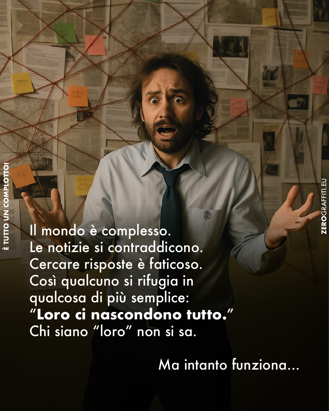 Il mondo è complesso. Le notizie si contraddicono. Cercare risposte è faticoso. Così qualcuno si rifugia in qualcosa di più semplice: “Loro ci nascondono tutto.” Chi siano “loro” non si sa. Ma intanto funziona.