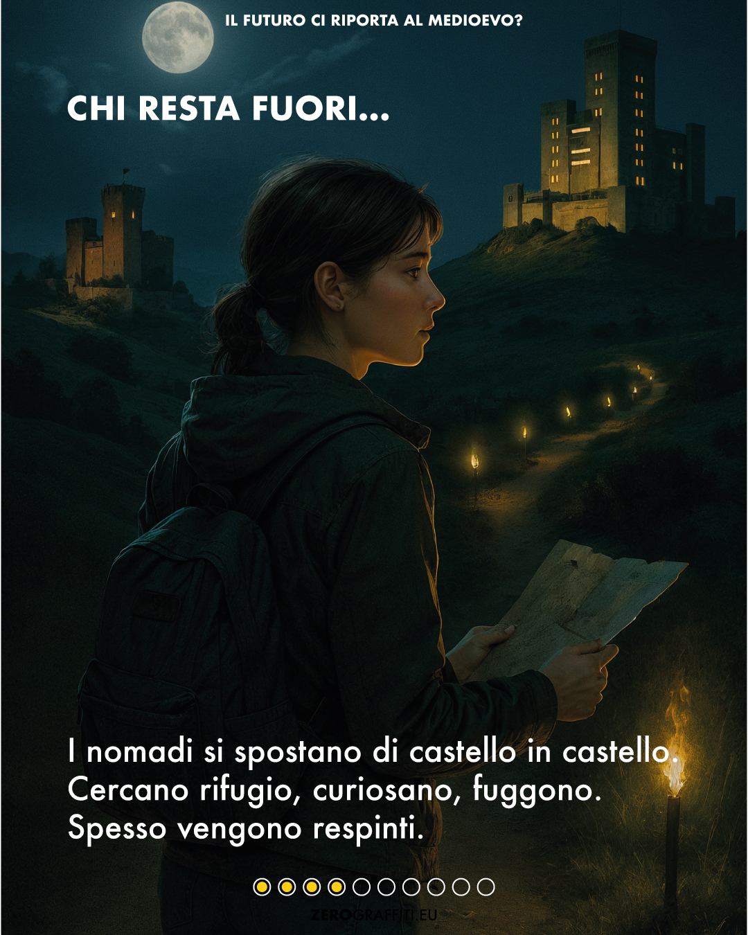 I nomadi si spostano di castello in castello. Cercano rifugio, curiosano, fuggono. Spesso vengono respinti.