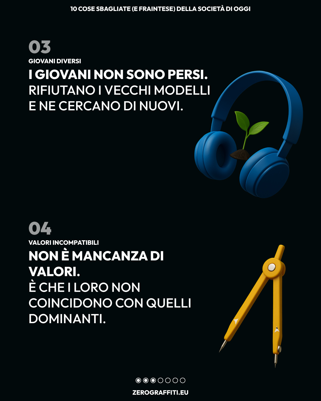 ③ Giovani diversi. ④ Valori incompatibili. I giovani non sono persi. Rifiutano i vecchi modelli e ne cercano di nuovi. Non è mancanza di valori. È che i loro non coincidono con quelli dominanti.