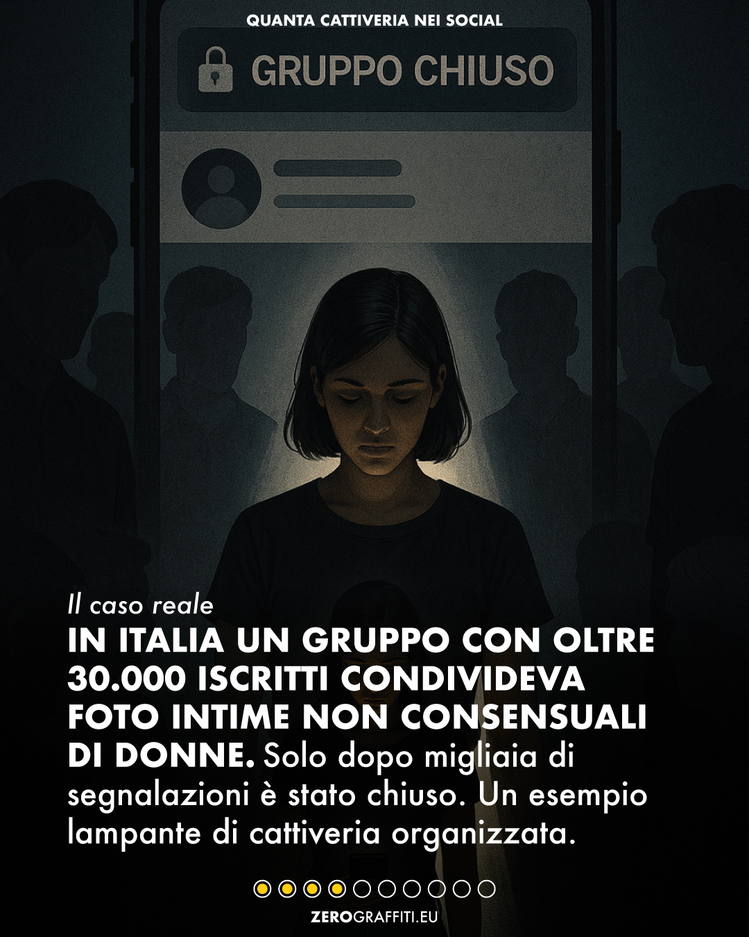 Il caso reale In Italia un gruppo con oltre 30.000 iscritti condivideva foto intime non consensuali di donne. Solo dopo migliaia di segnalazioni è stato chiuso. Un esempio lampante di cattiveria organizzata. 