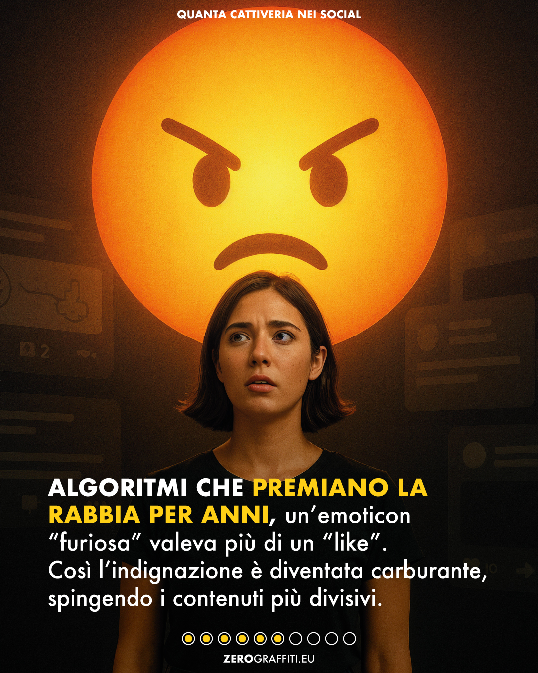 Algoritmi che premiano la rabbia Per anni, un’emoticon “furiosa” valeva più di un “like”. Così l’indignazione è diventata carburante, spingendo i contenuti più divisivi.  