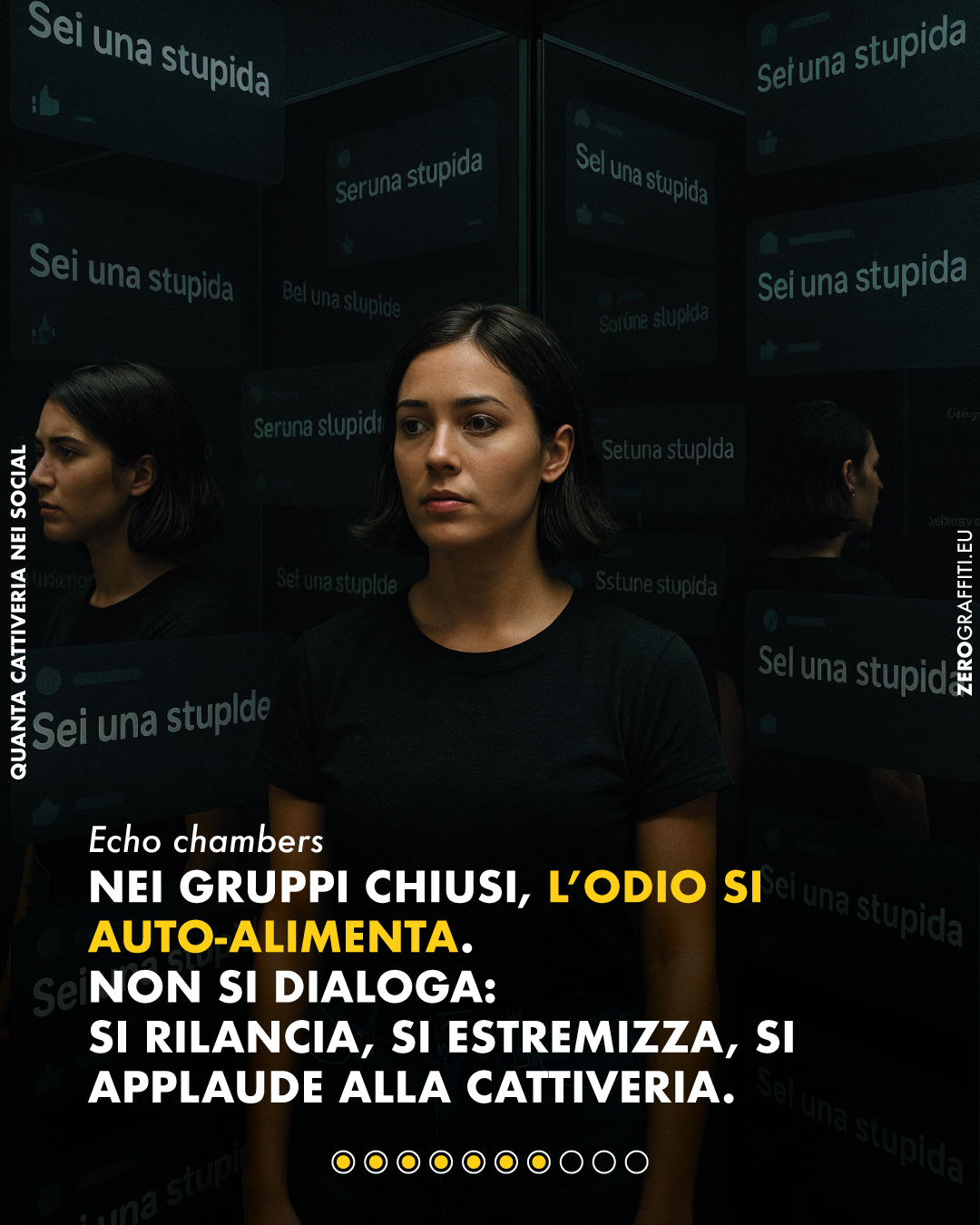 Echo chambers Nei gruppi chiusi, l’odio si auto-alimenta. Non si dialoga: si rilancia, si estremizza, si applaude alla cattiveria. 